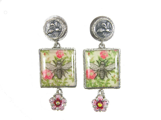 31095A Handmade Bee Tile with Enamel Flower Earring Sterling Silver