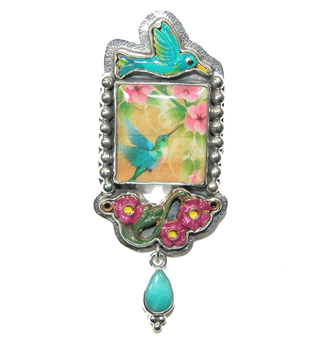 31097 Handmade Tile and Hand-Painted Enamel of Hummingbird on Sterling Silver Pin Pendant 31097