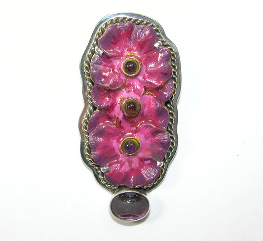 Hand-Painted Enamel Flower and Amethyst on Sterling Silver Pin Pendant