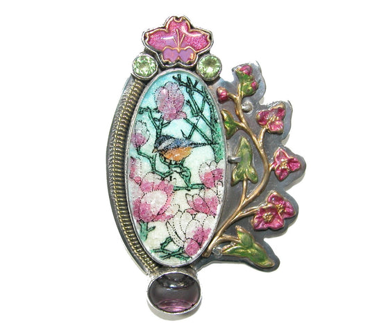 Gemstone Mosaic with Enamel Flowers on Sterling Silver Pin Pendant