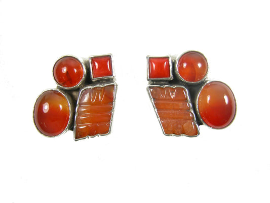 31102 Coral and Carnelian Cluster Sterling Silver Earrings