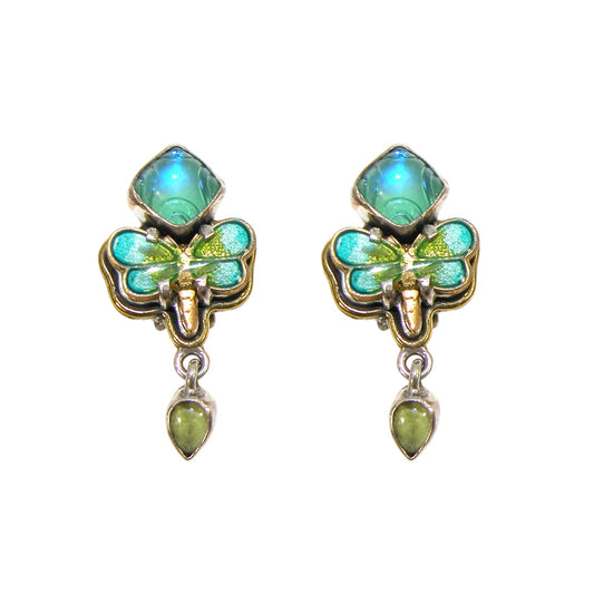 33103A Celestial Quartz, Peridot, Hand Enameling Dragonfly Sterling Silver Earrings