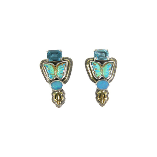 31103 Opal, Blue Topaz Enameled Butterfly Sterling Silver Earrings