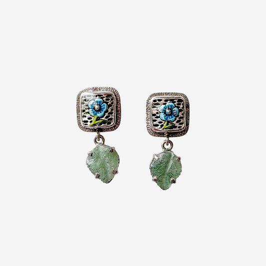 31112 Green Aventurine, Hand-Enameled Floral Sterling Silver Earrings