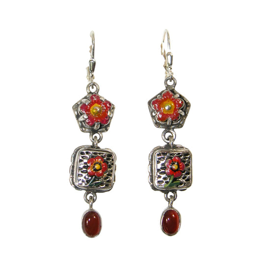 31114L Carnelian, Hand Painted Enamel, Sterling Silver Earrings