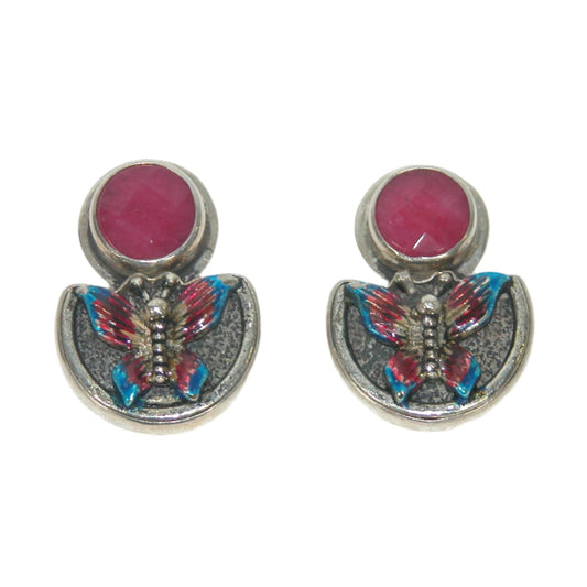 31117 Raspberry Quartz and Hand-Painted Enamel Butterfly Earring on Sterling Silver