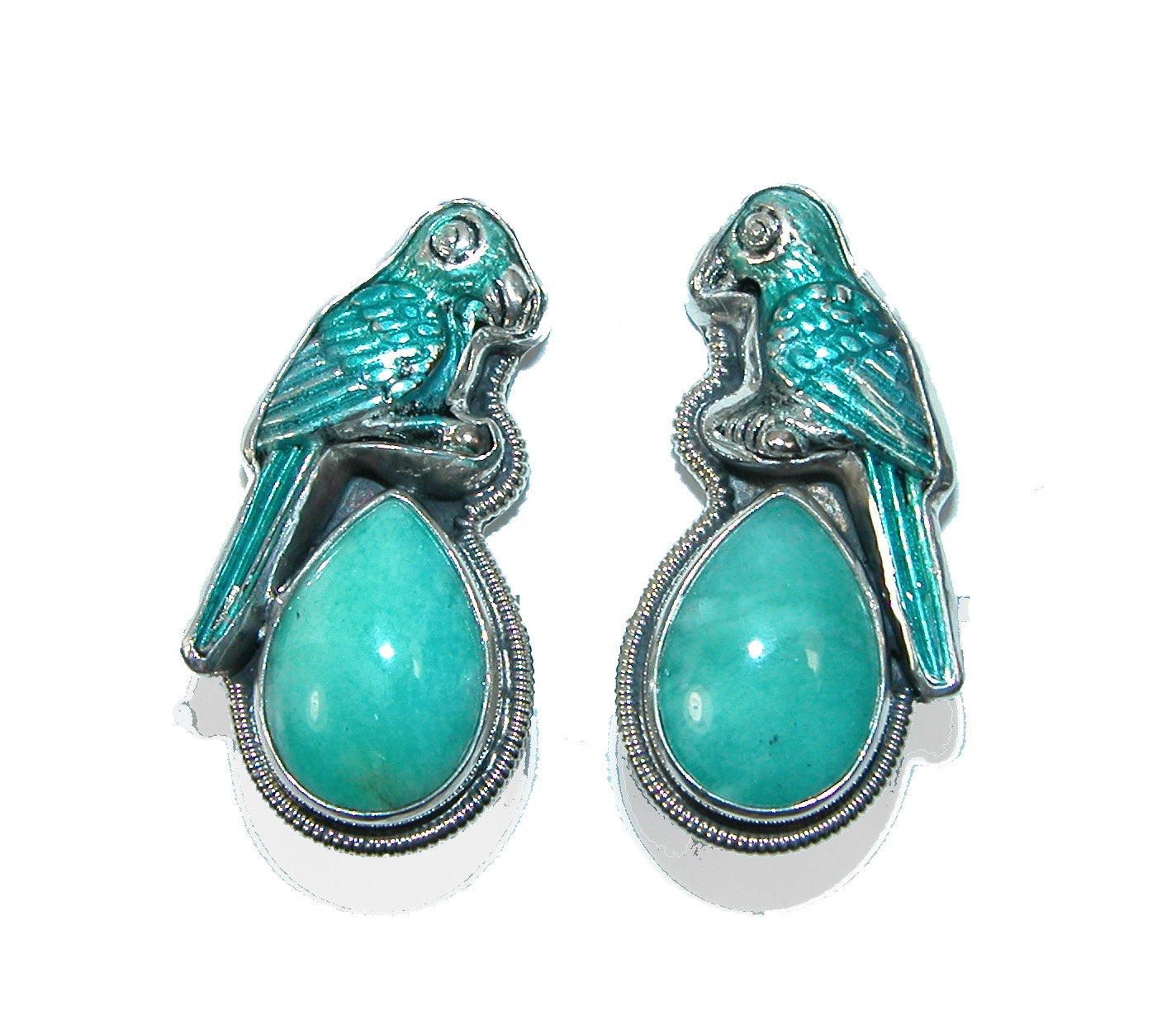 Hand Enameled Parrots over Amazonite with Sterling Silver Earrings