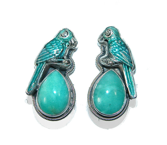 Hand Enameled Parrots over Amazonite with Sterling Silver Earrings