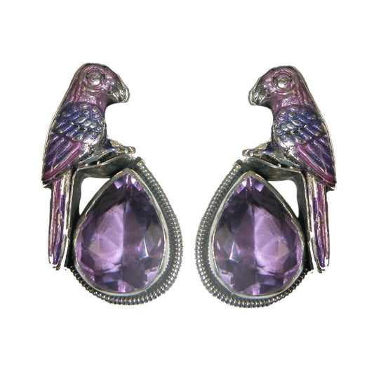 31122A Hand Enameled Parrots over Amethyst with Sterling Silver Earrings