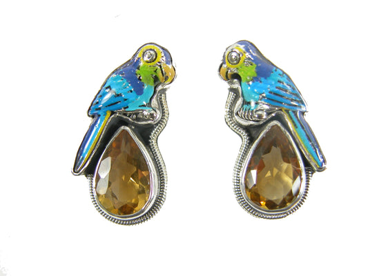 Hand Enameled Parrots over Citrine with Sterling Silver Earrings