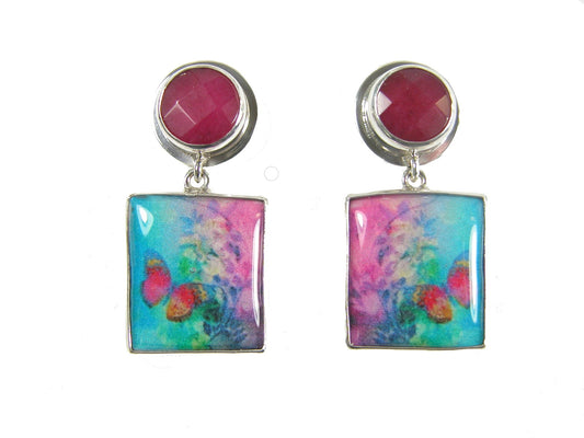 31126 Raspberry Quartz Handmade Tile Sterling Silver Earrings