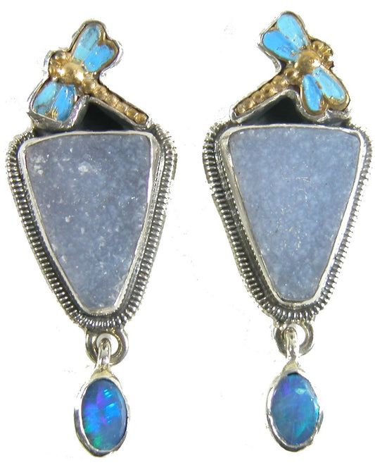 31130 Natural Chalcedony Drusy and Bolder Opal Earring on Sterling Silver