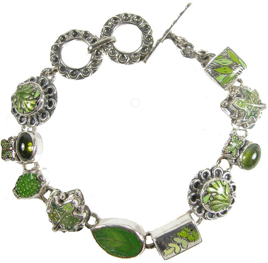 Vesuvianite and Hand-Painted Enamel Leaves on Sterling Silver Bracelet