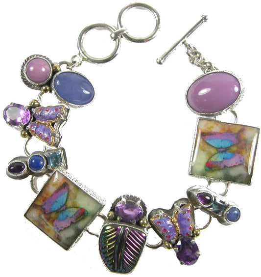 Phosphosiderite and Amethyst Butterfly Handmade Tile on Sterling Silver Bracelet