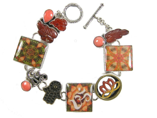 Carnelian Carved Leaf Coral and Handmade OM Tile on Sterling Silver Bracelet