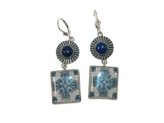 31138 Handmade Tile, Blue Agate, Sterling Silver Earrings