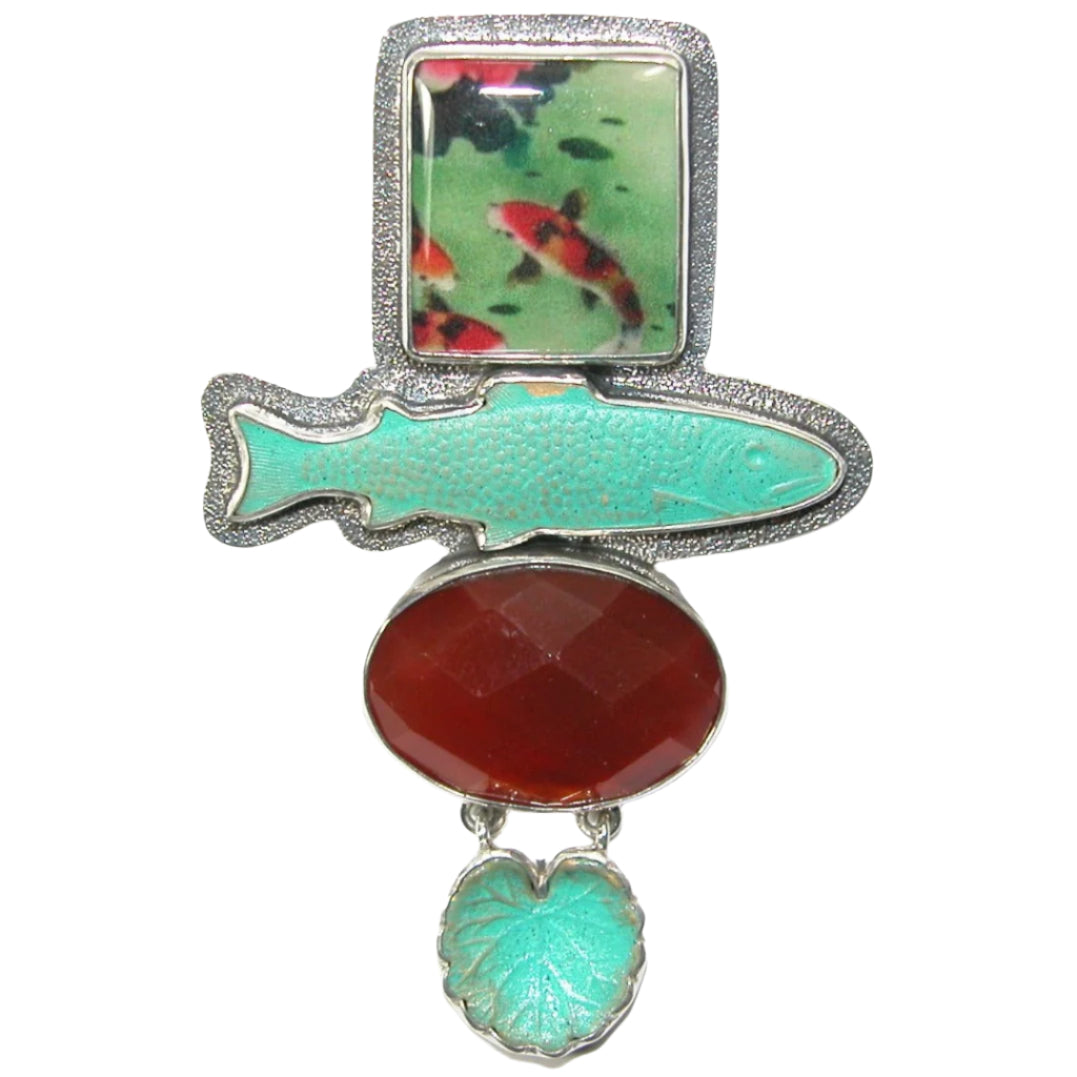 Carnelian and Koi Fish Handmade Tile on Sterling Silver Pin and Pendant