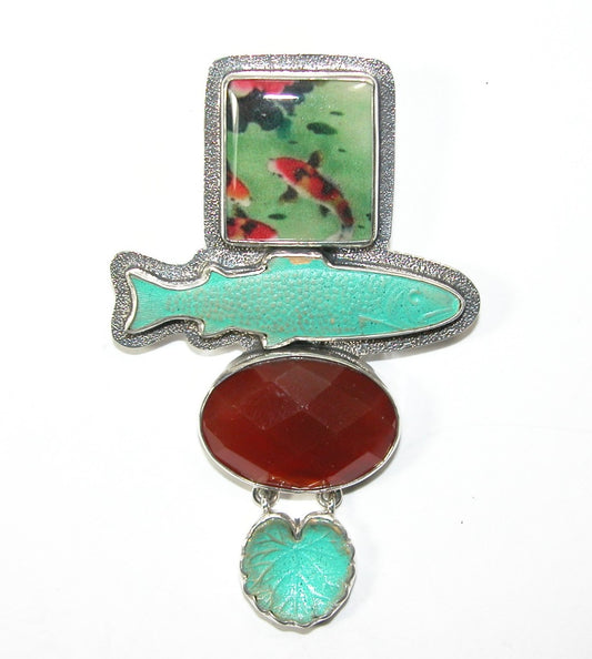 Carnelian and Koi Fish Handmade Tile on Sterling Silver Pin and Pendant