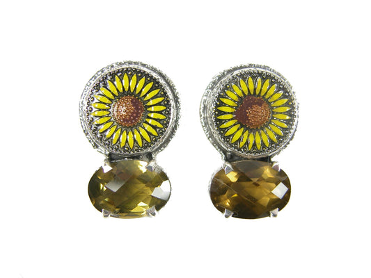 Sunflower Enamel with Whisky Quartz on Sterling Silver Earring