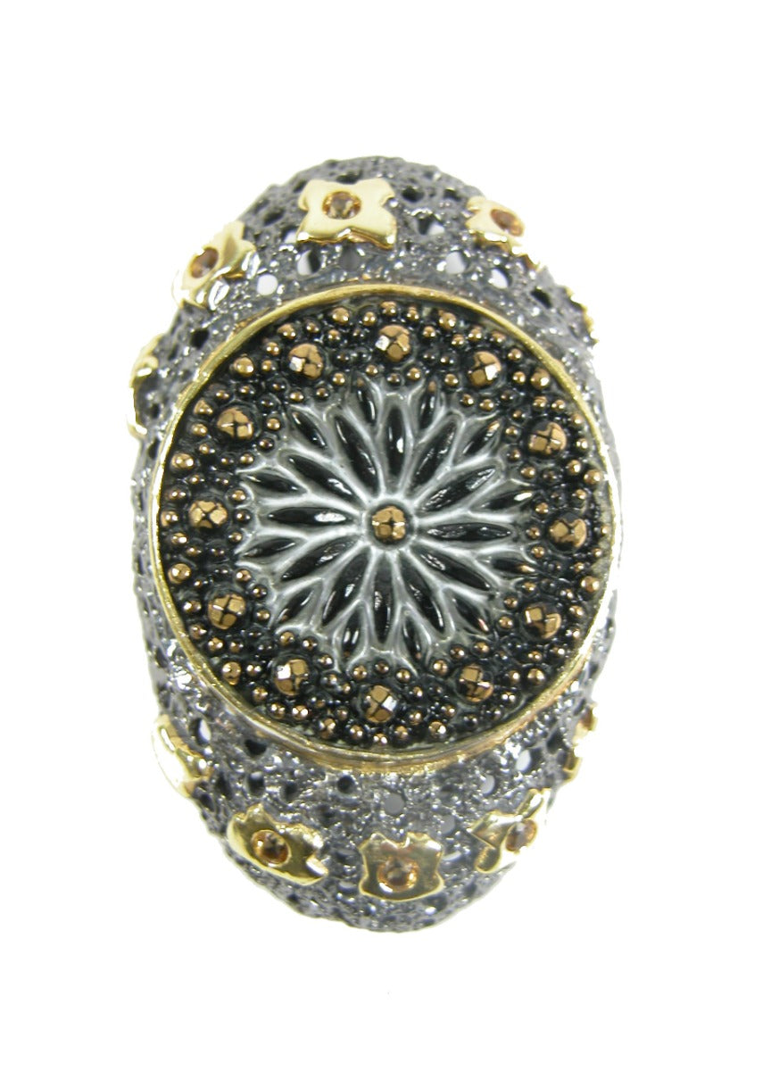 Czech Glass Button and Citrine Rhodium Over Sterling Silver Pin and Pendant