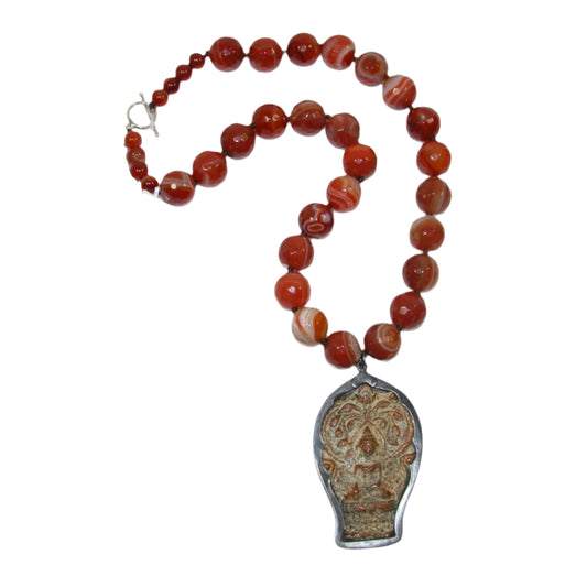 Carnelian Beaded Carved Zen Pendant Sterling Silver Necklace