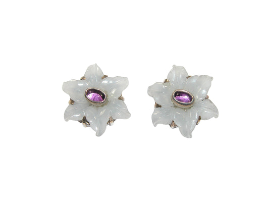 31156A Carved Agate Flower Amethyst Sterling Silver Earring