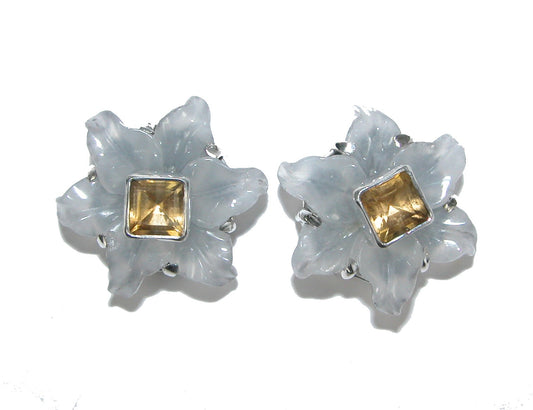 31156C Hand Carved Jade Flower, Citrine Sterling Silver Earrings