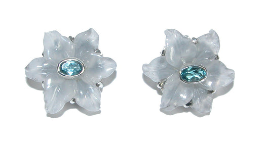 31156 Carved Agate Flower with Blue Topaz Center Earring on Sterling Silver