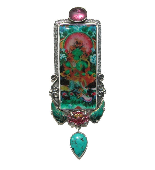 31159 Turquoise and Quartz Hand-Painted Enamel Pin Pendant on Sterling Silver