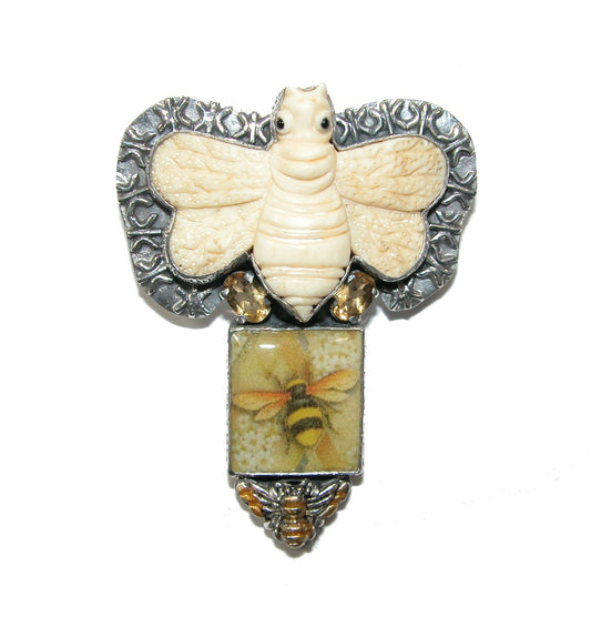 31162 Hand Carved Bee on Fossil and Citrine Pin Pendant on Sterling Silver