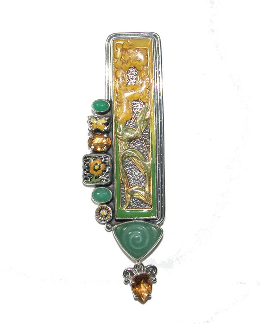 Chrysoprase Citrine and Hand-Painted Enamel Pin Pendant on Sterling Silver