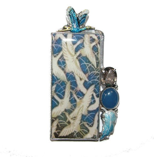 Smoky Quartz and Blue Onyx Handmade Crene Tile Pin Pendant Sterling Silver