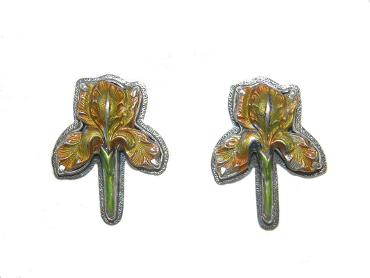 31173E Yellow Enamel Iris Flower Sterling Silver Earrings