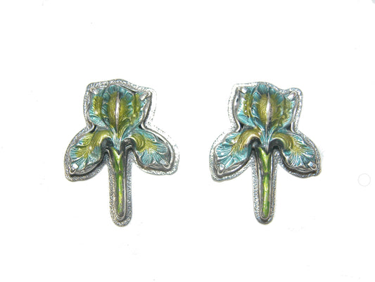 31173G Yellow Blue Enamel Iris Flower Sterling Silver Earrings