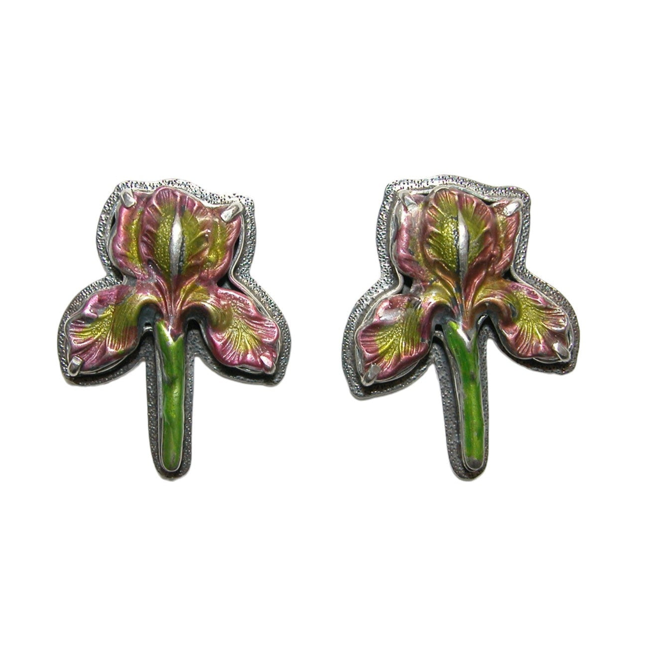 31173 Pink Green Enamel Iris Flower Sterling Silver Earrings