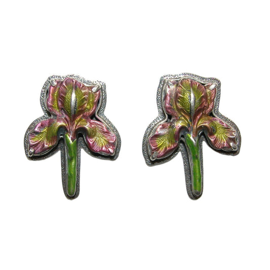 31173 Pink Green Enamel Iris Flower Sterling Silver Earrings
