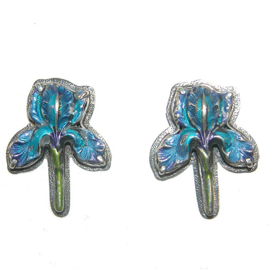 31173 Blue Enamel Iris Flower Sterling Silver Earrings