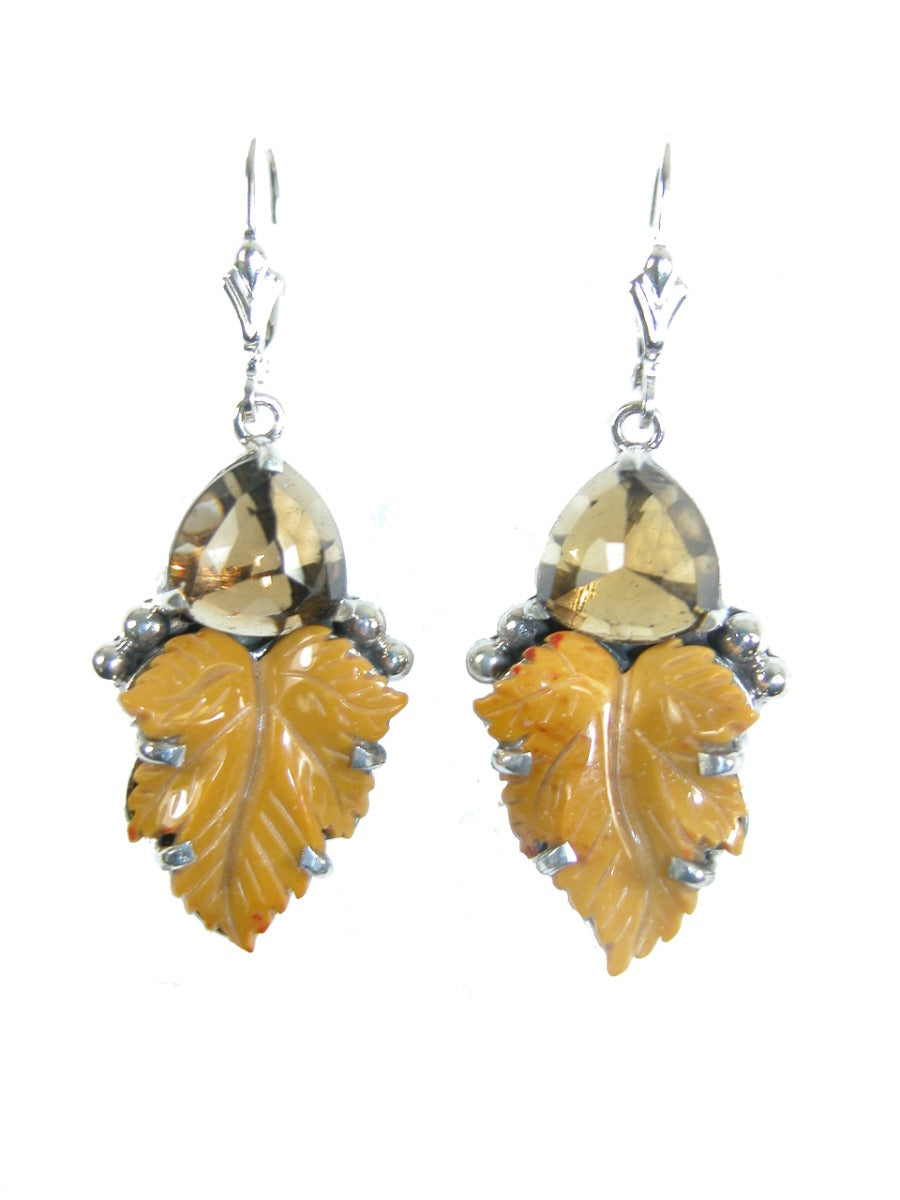 Carved Jasper Leaf Cognac Quartz Sterling Silver Earring