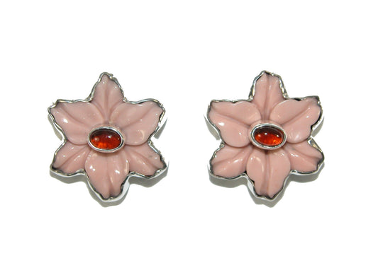 31179 Peach Calcite Flower, Hessonite. Sterling Silver Earrings