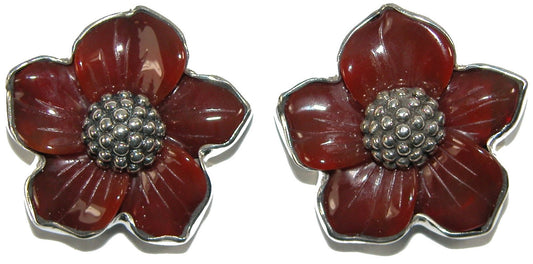 Hand Carved Carnelian Flower Sterling Silver Earring