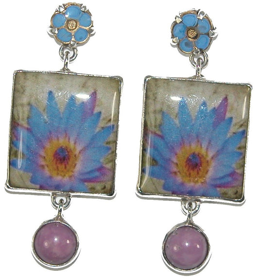 Blue Flower Handmade Tile Phosphosiderite Sterling Silver Earring