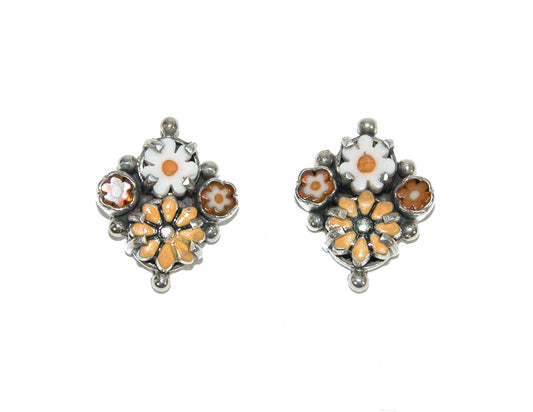 Enameled Flower Cluster Sterling Silver Earrings