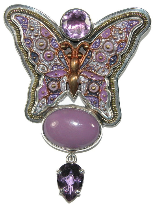 Purple Hand Painted Enamel Butterfly Amethyst Sterling Silver Pin Pendant