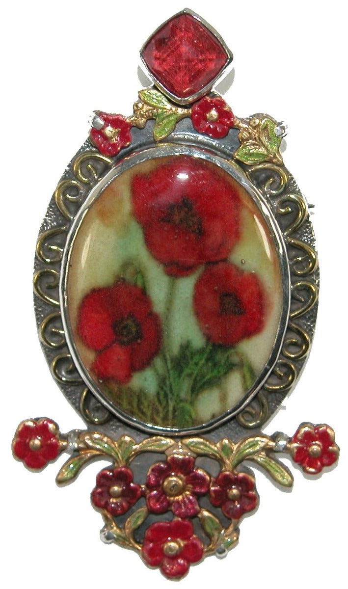 Poppy Red Enamel Flower Quartz Sterling Silver Pin Pendant