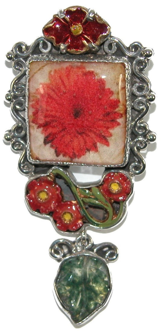 31194 Handmade Flower Tile Enamel Moss Agate Leaf Sterling Sliver Pin Pendant