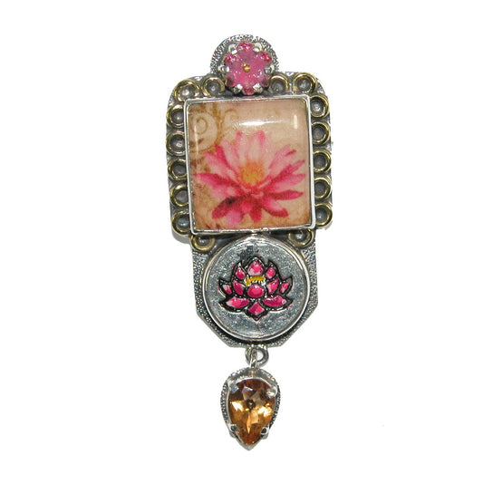 31195 Pink Lotus Citrine Enamel Sterling Silver Pin Pendant