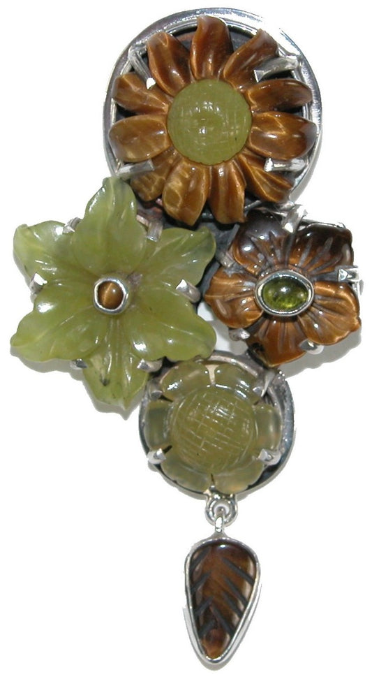 Tiger Eye Serpentine Jade Flower Cluster Sterling Silver Pin Pendant