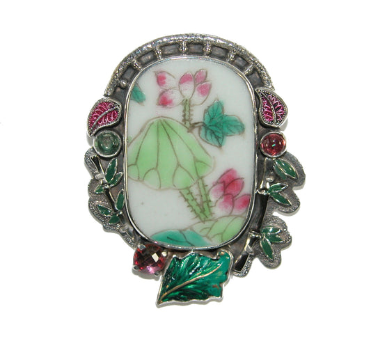 Porcelain Floral Tourmaline Hand Painted Enamel Sterling Silver Pin and Pendant
