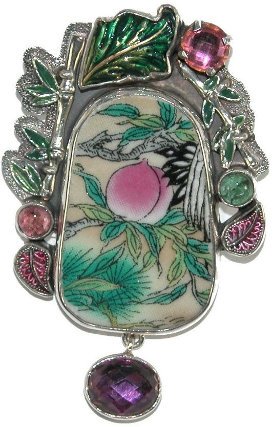 31201 Tourmaline Flower Enamel Leaf Sterling Silver Pin Pendant