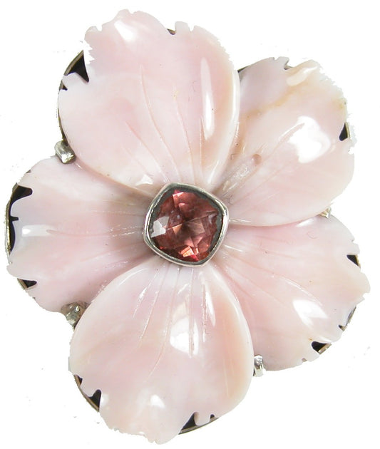 Carved Pink Opal Flower Sterling Silver Pin Pendant
